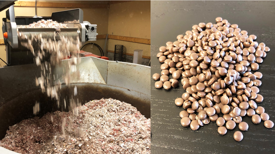 A double picture: To the left, a mill shredding plastic big bags. To the right: brown plastic granules.