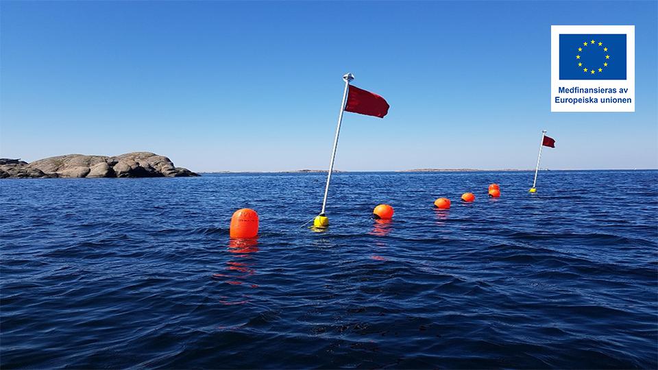 Orange bojar och röda markeringsflaggor i havet utanför en klippig kust. EU-logotyp med texten ”Medfinansieras av Europeiska unionen” visas i bildens övre högra hörn.
