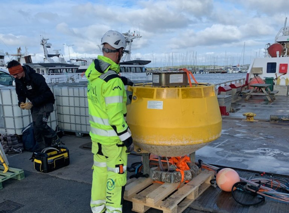 Hydrofonboj för mätning av undervattensbuller förbereds för utplacering i hamn.