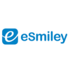 Logotyp för eSmiley. Tillvänster ett vitt, svängigt litet e på blå botten, till höger namnet i blått.