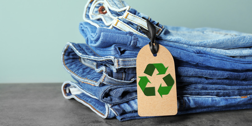 Stack of jeans with recycling label on grey table Stack of jeans on table against color background Stack of jeans with recycling label on grey table