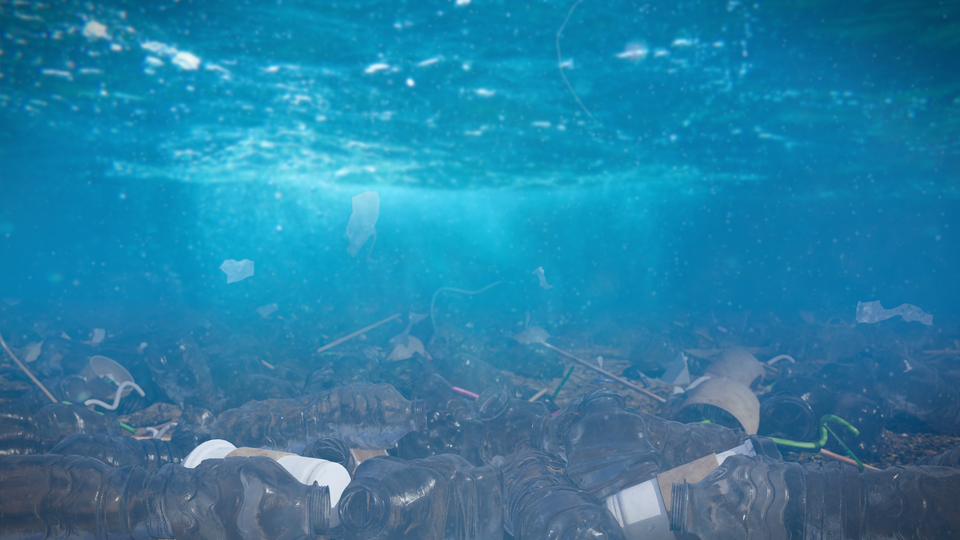 plastic pollution in ocean water, bags and bottles on the sea floor, micro plastic pollution (3d illustration)